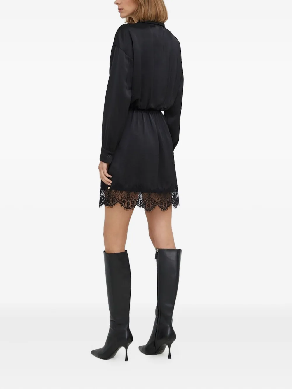 NISSA Mini-blousejurk met satijnen-effect en kanten afwerking Zwart