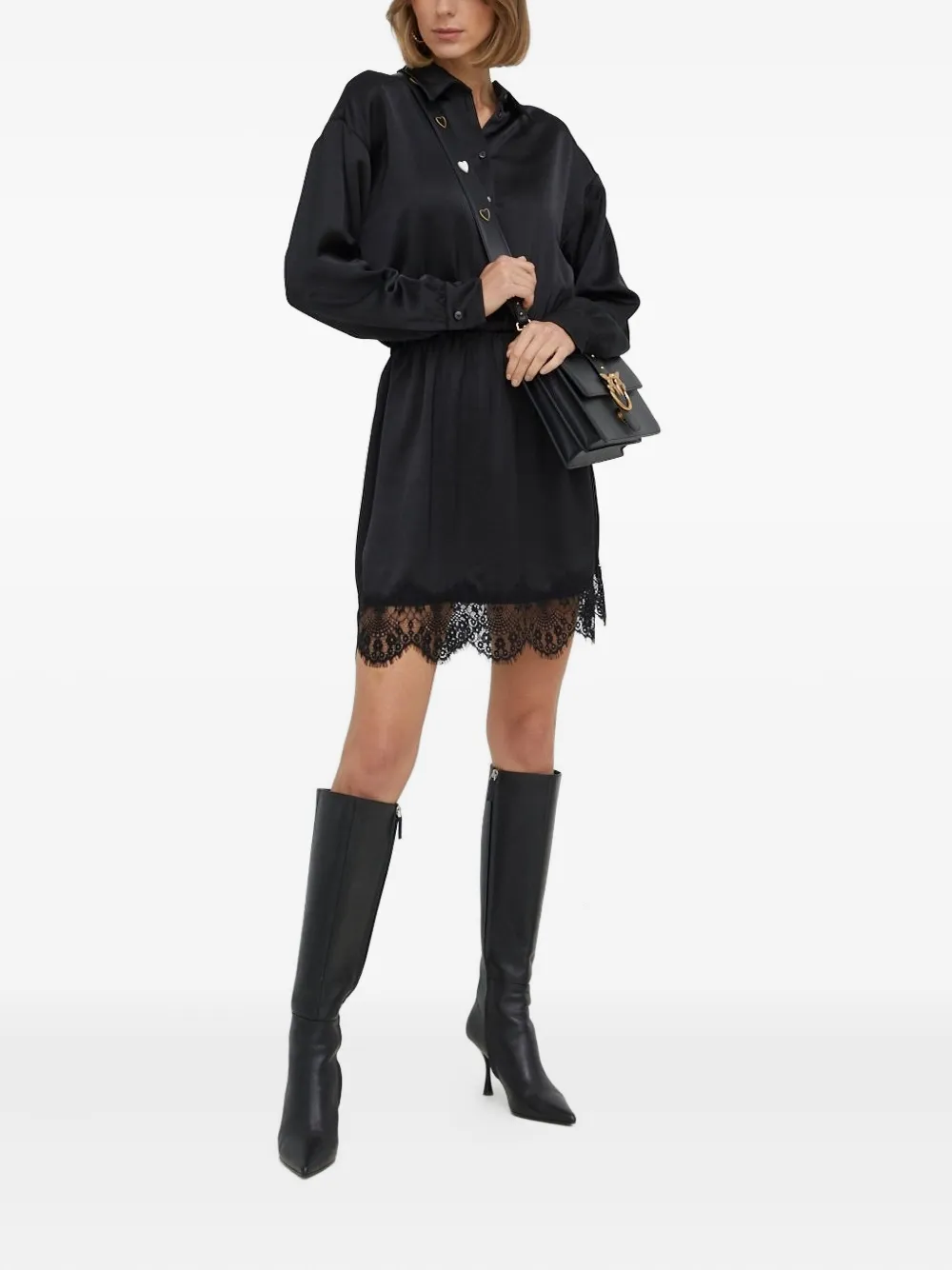 NISSA Mini-blousejurk met satijnen-effect en kanten afwerking - Zwart
