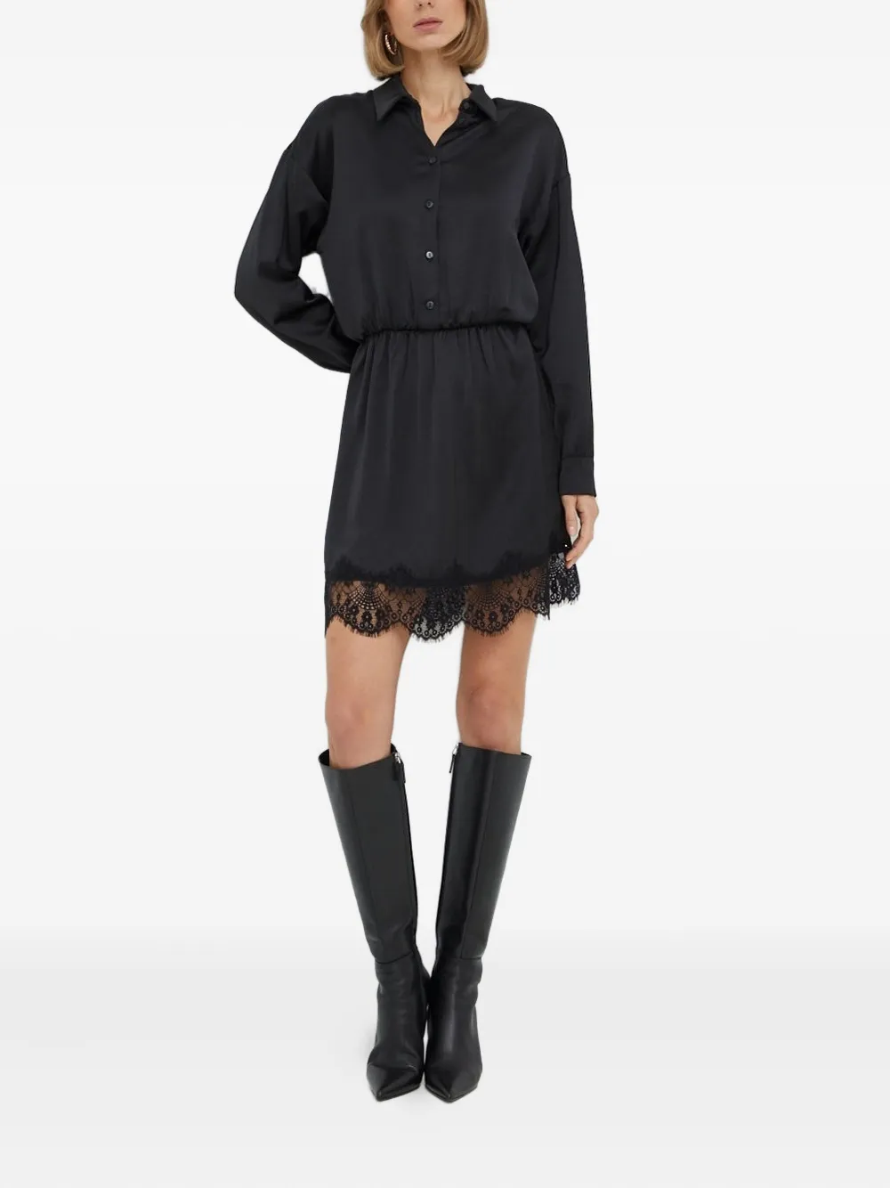 NISSA Mini-blousejurk met satijnen-effect en kanten afwerking Zwart