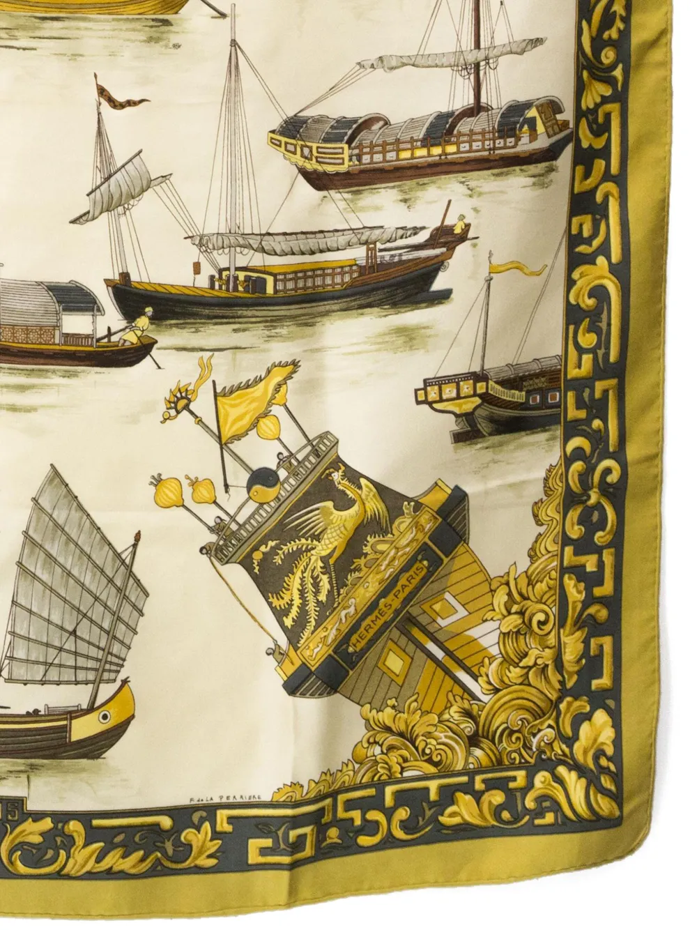 Pre-owned Hermes 1966 Jonques Et Sampans By F. De La Perriere Silk Scarf In Yellow