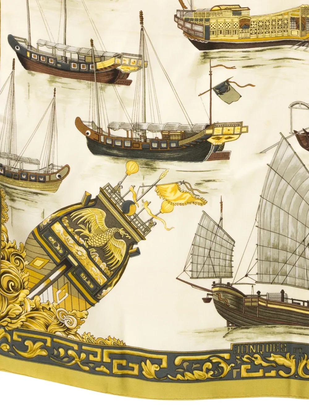 Pre-owned Hermes 1966 Jonques Et Sampans By F. De La Perriere Silk Scarf In Yellow