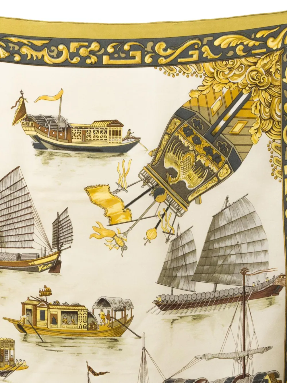 Pre-owned Hermes 1966 Jonques Et Sampans By F. De La Perriere Silk Scarf In Yellow