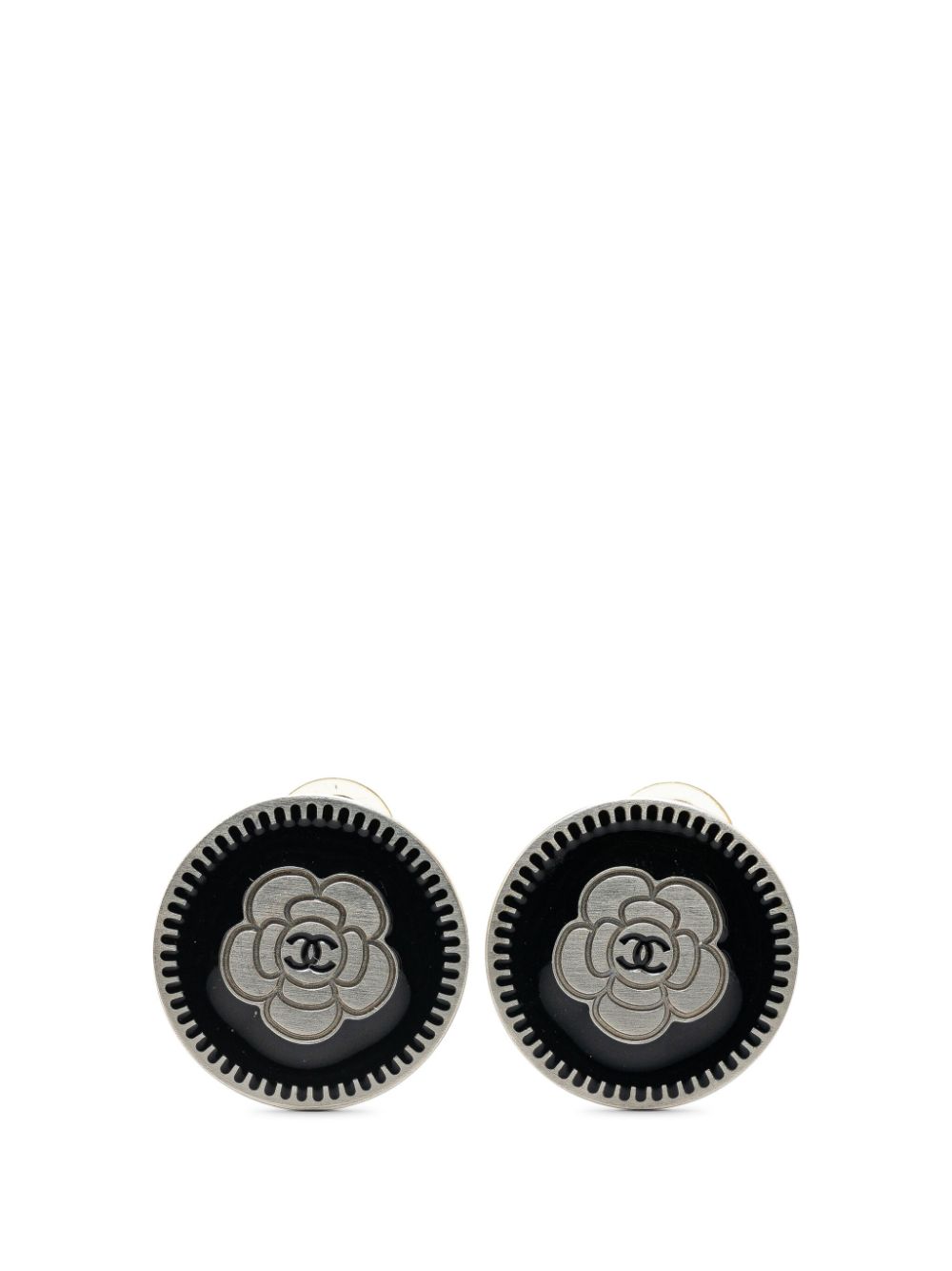 CHANEL Pre-Owned 2006 Silver Plated Enamel CC Camellia Clip On Earrings costume earrings - Black