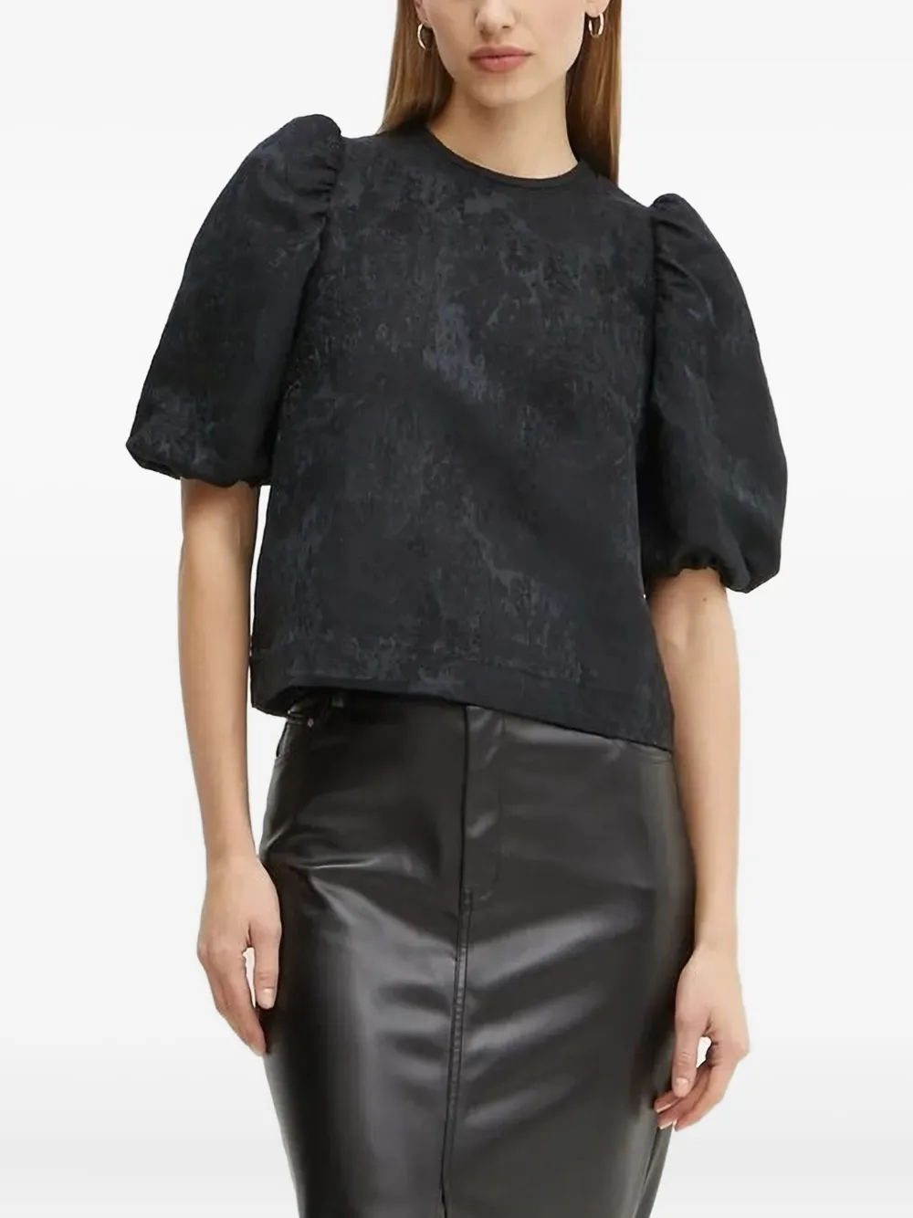 Ivy & Oak Puff-sleeve Textured Blouse In Black