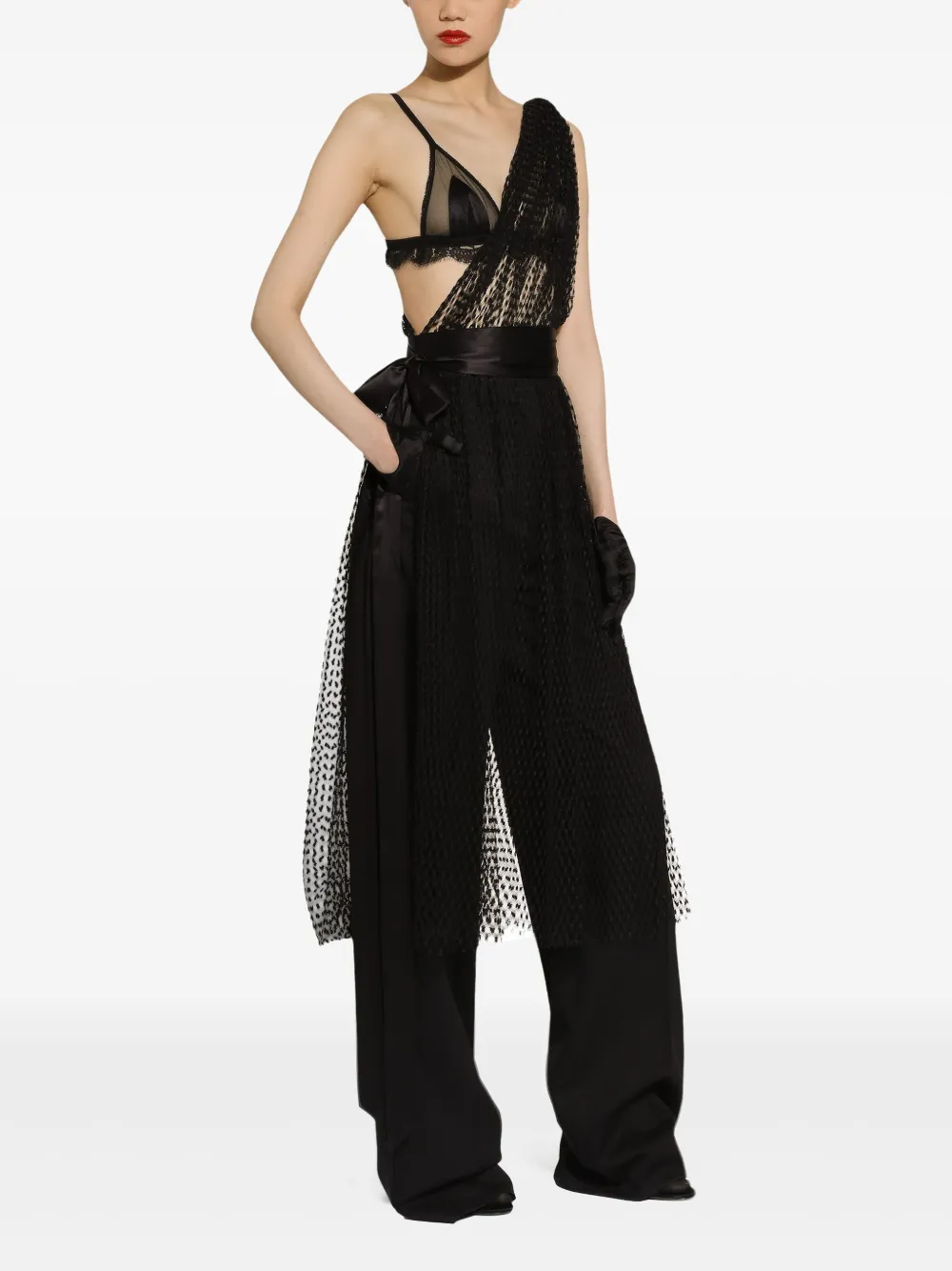 Dolce & Gabbana Asymmetrische midi-jurk met mesh - Zwart