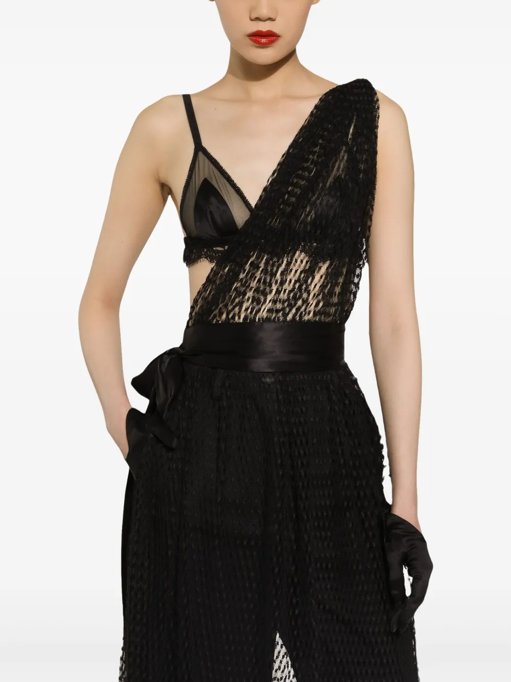 Dolce & Gabbana Asymmetrische midi-jurk met mesh Zwart