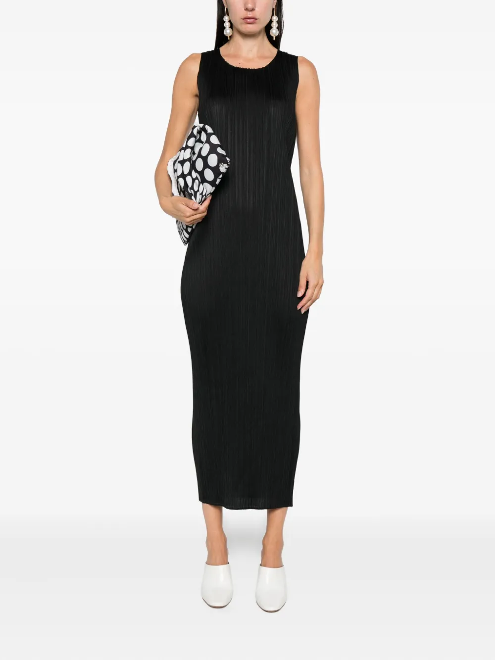 Pleats Please Issey Miyake pleated sleeveless midi dress Zwart
