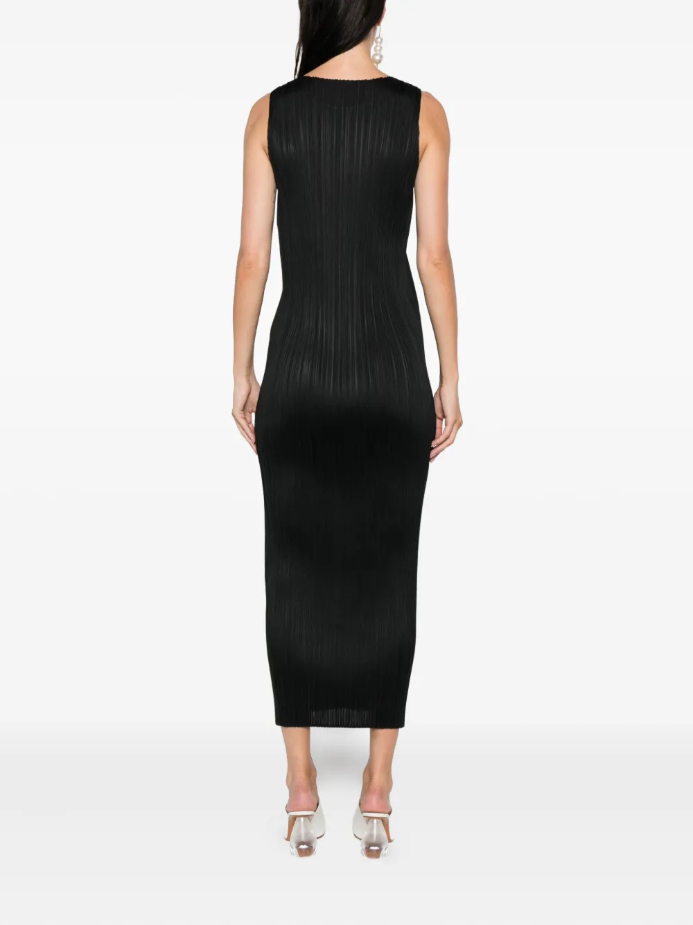 Pleats Please Issey Miyake pleated sleeveless midi dress Zwart