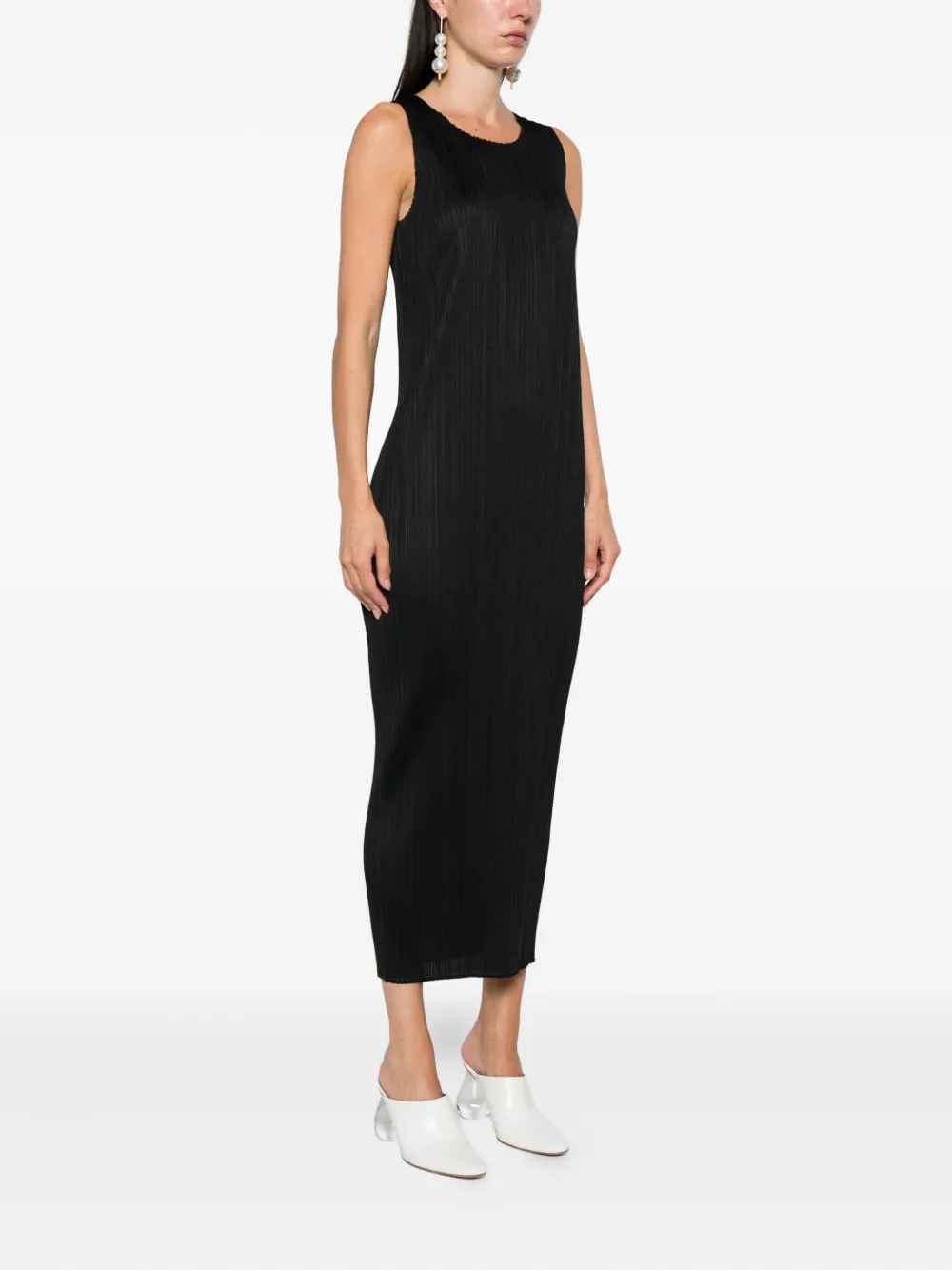 Pleats Please Issey Miyake pleated sleeveless midi dress Zwart
