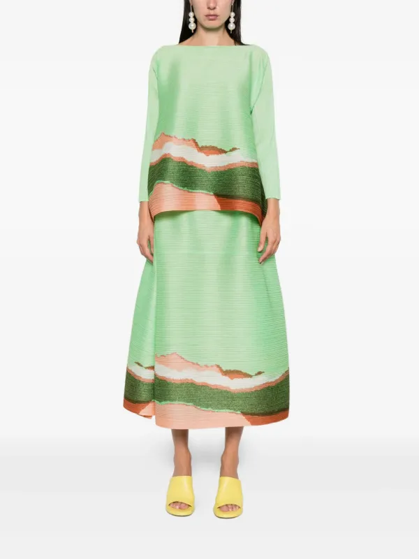 Pleats Please Issey Miyake Grainy Color Printed Midi Skirt