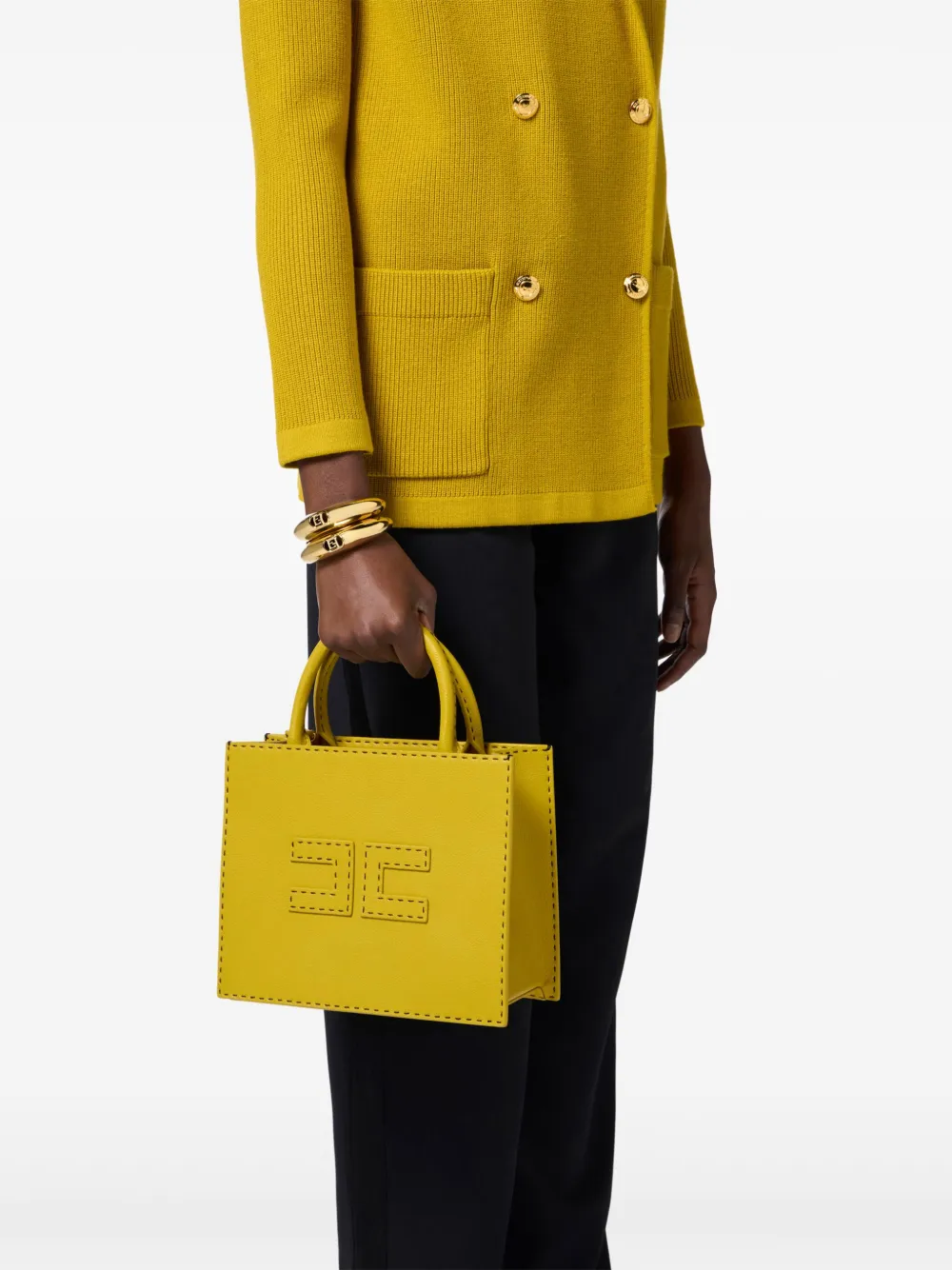 Elisabetta Franchi small contrasting topstitching tote bag - Geel