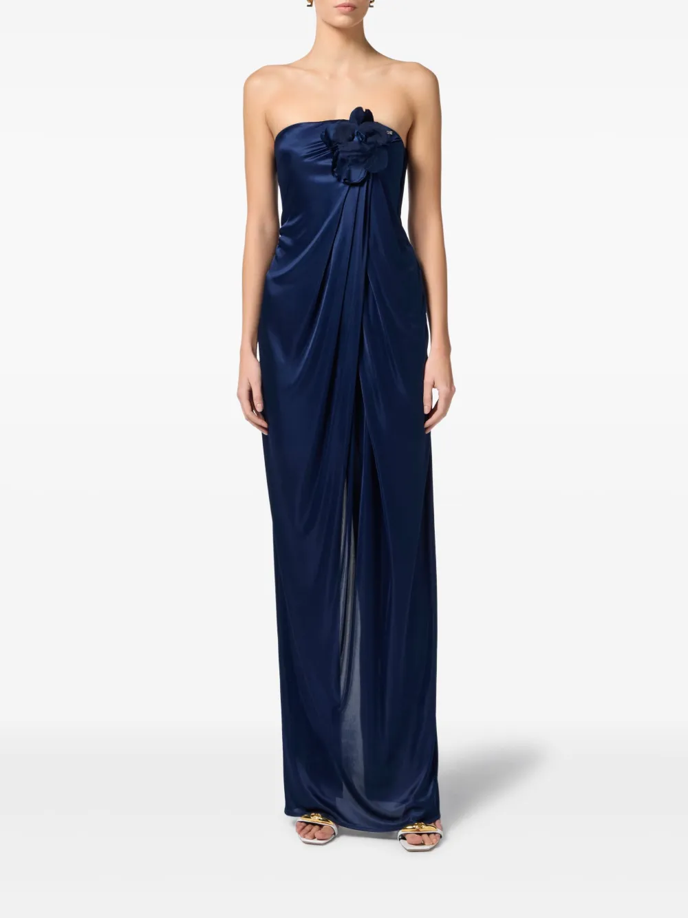 Elisabetta Franchi floral-appliqué satin dress - Blauw