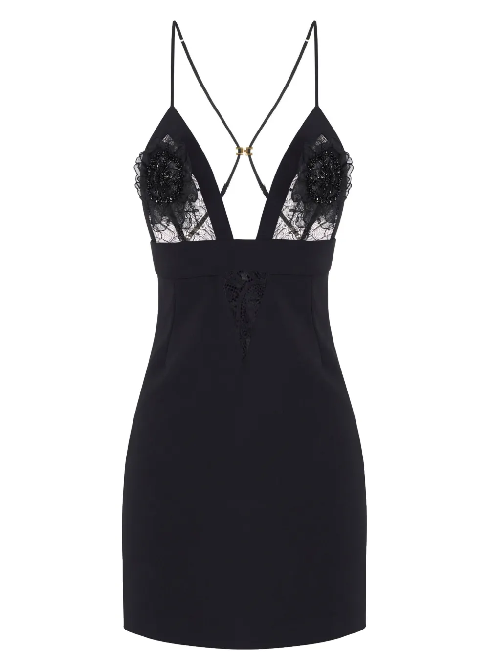 Elisabetta Franchi Plunging Neckline Mini Dress With Lace Detailing And Floral Embellishments In Black