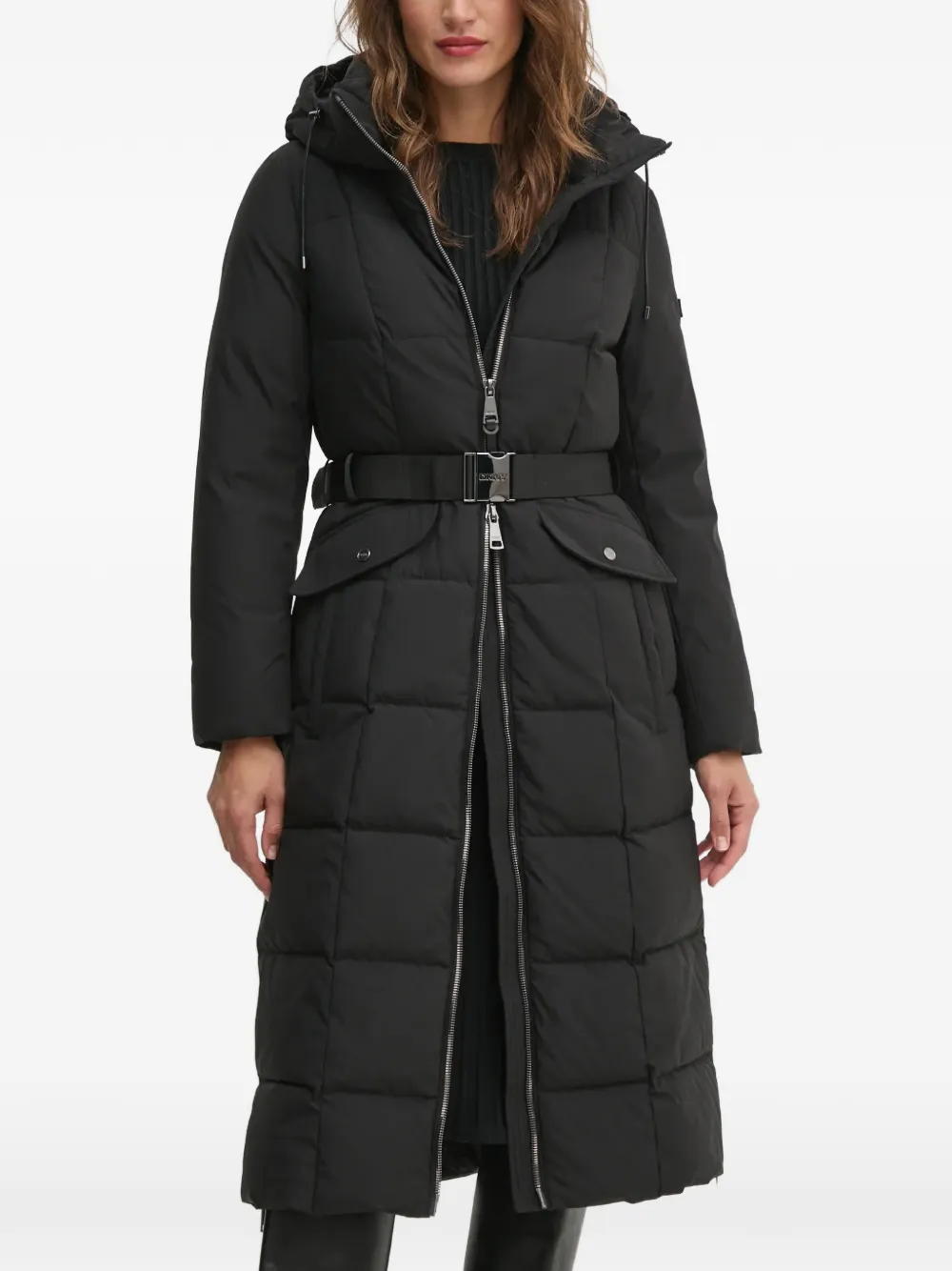 DKNY belted hooded coat - Schwarz
