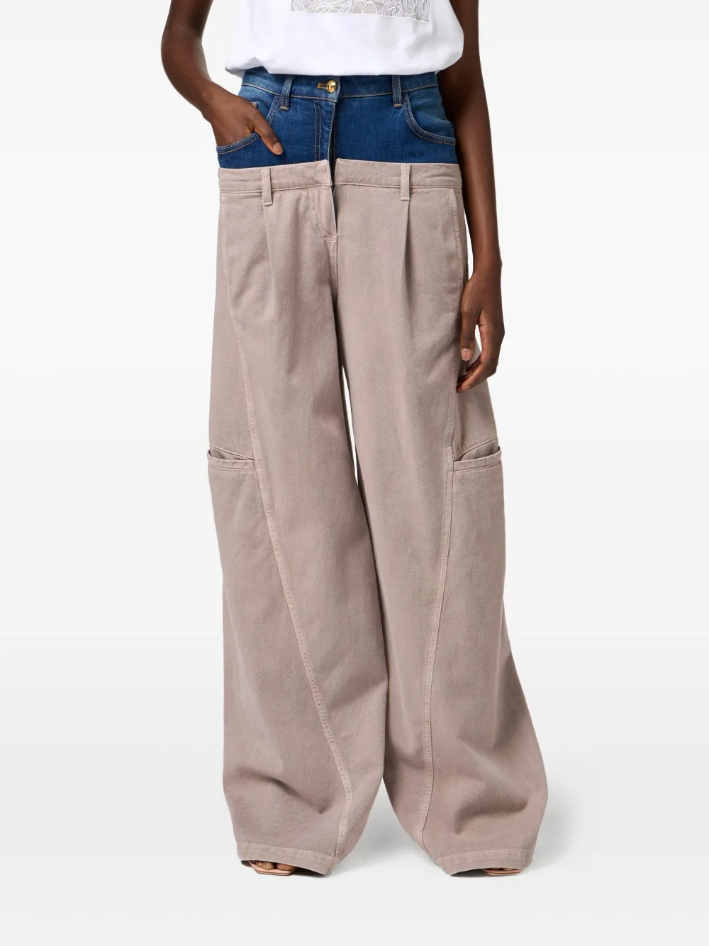Elisabetta Franchi Denim-peplum Cargo Trousers In Neutral