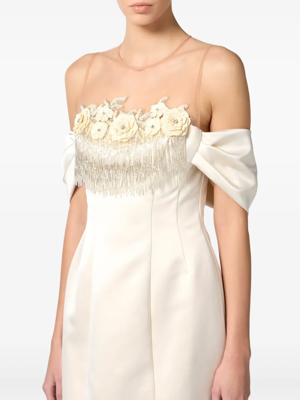 Elisabetta Franchi Satijnen mini-jurk met geborduurde bloemen Beige