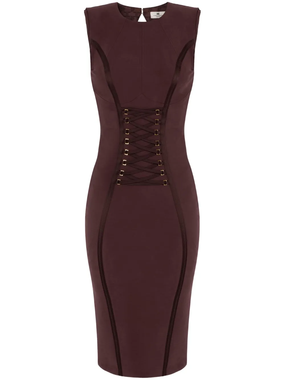 Shop Elisabetta Franchi Crossover Lace-detail Midi Dress In Brown