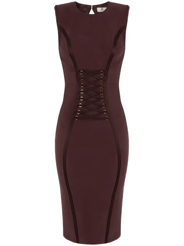 Elisabetta Franchi Crossover Lace-Detail Midi Dress - Brown