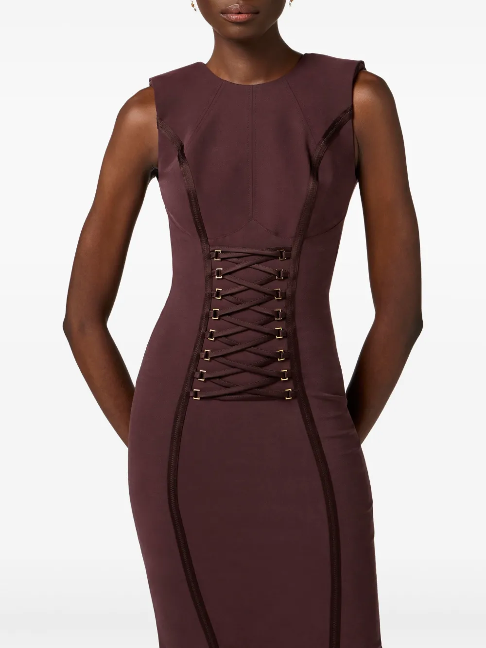 Shop Elisabetta Franchi Crossover Lace-detail Midi Dress In Brown