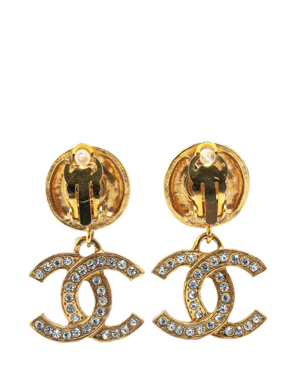 CHANEL Pre-Owned 1970-1980 Gold Plated CC Rhinestones Swing Clip On Earrings costume earrings