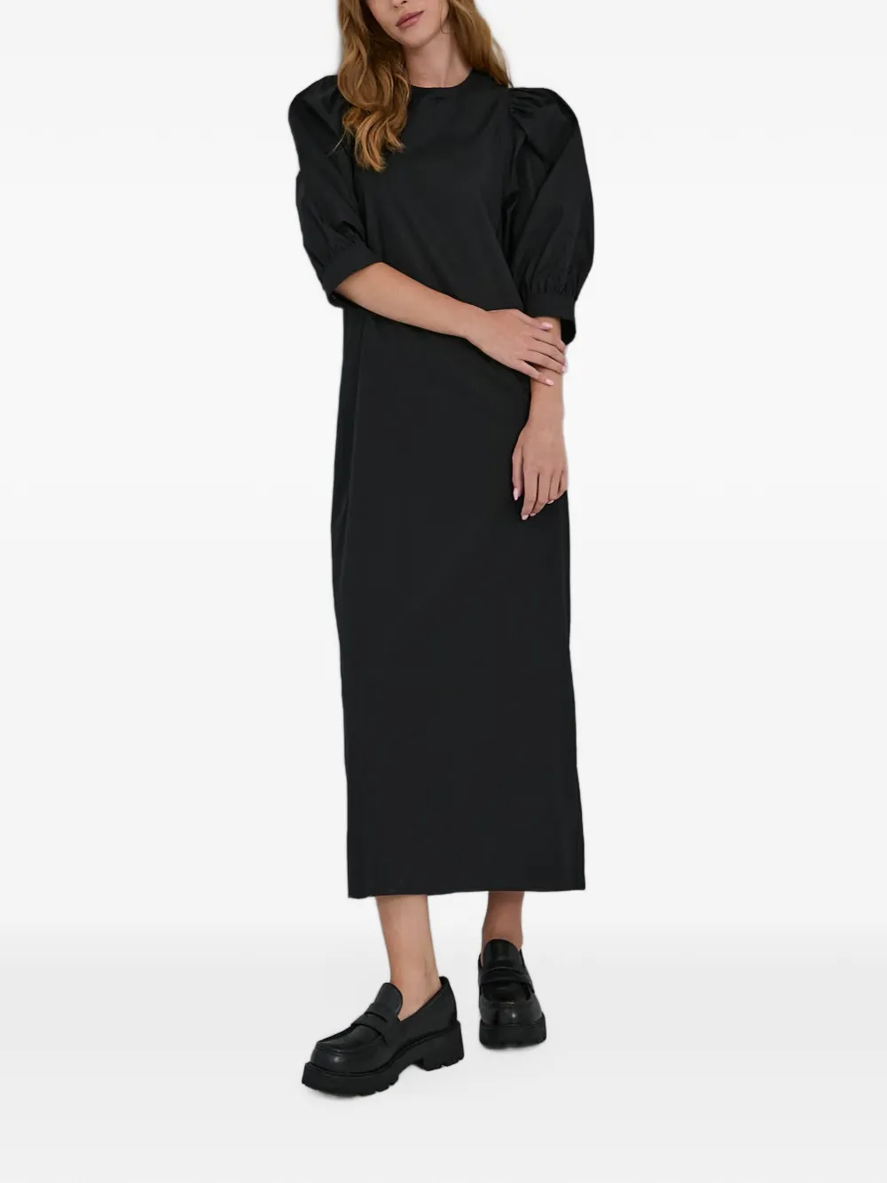 SAMSOE puff-sleeve midi dress Zwart
