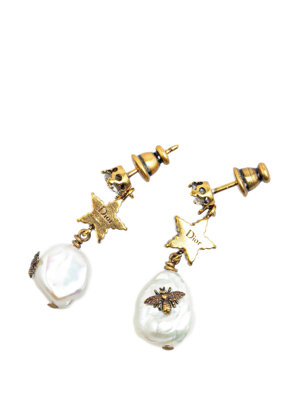 Christian Dior Pre-Owned 20th Century Gold Plated Crystal Star Bee Faux Pearl Drop Earrings costume earrings - Wit