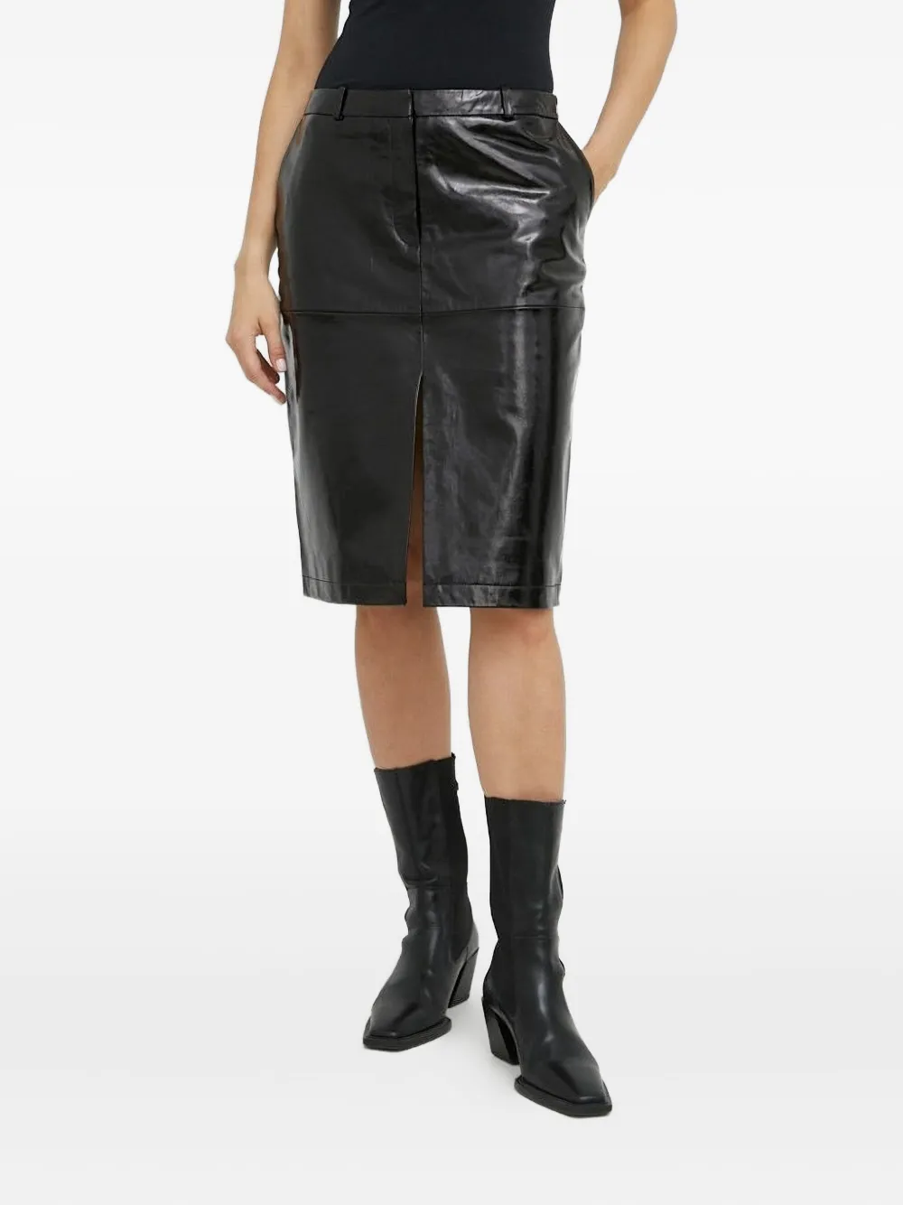 Herskind Split-front Leather Midi Skirt In Black