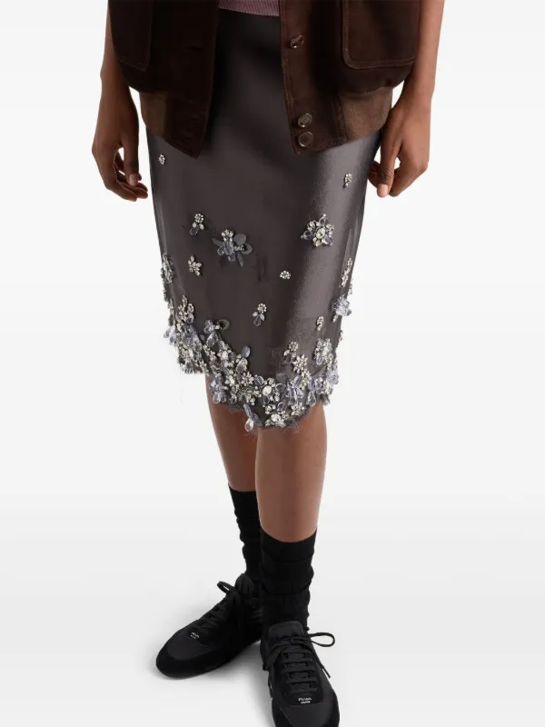 Prada Embroidered Midi Skirt | Grey | FARFETCH