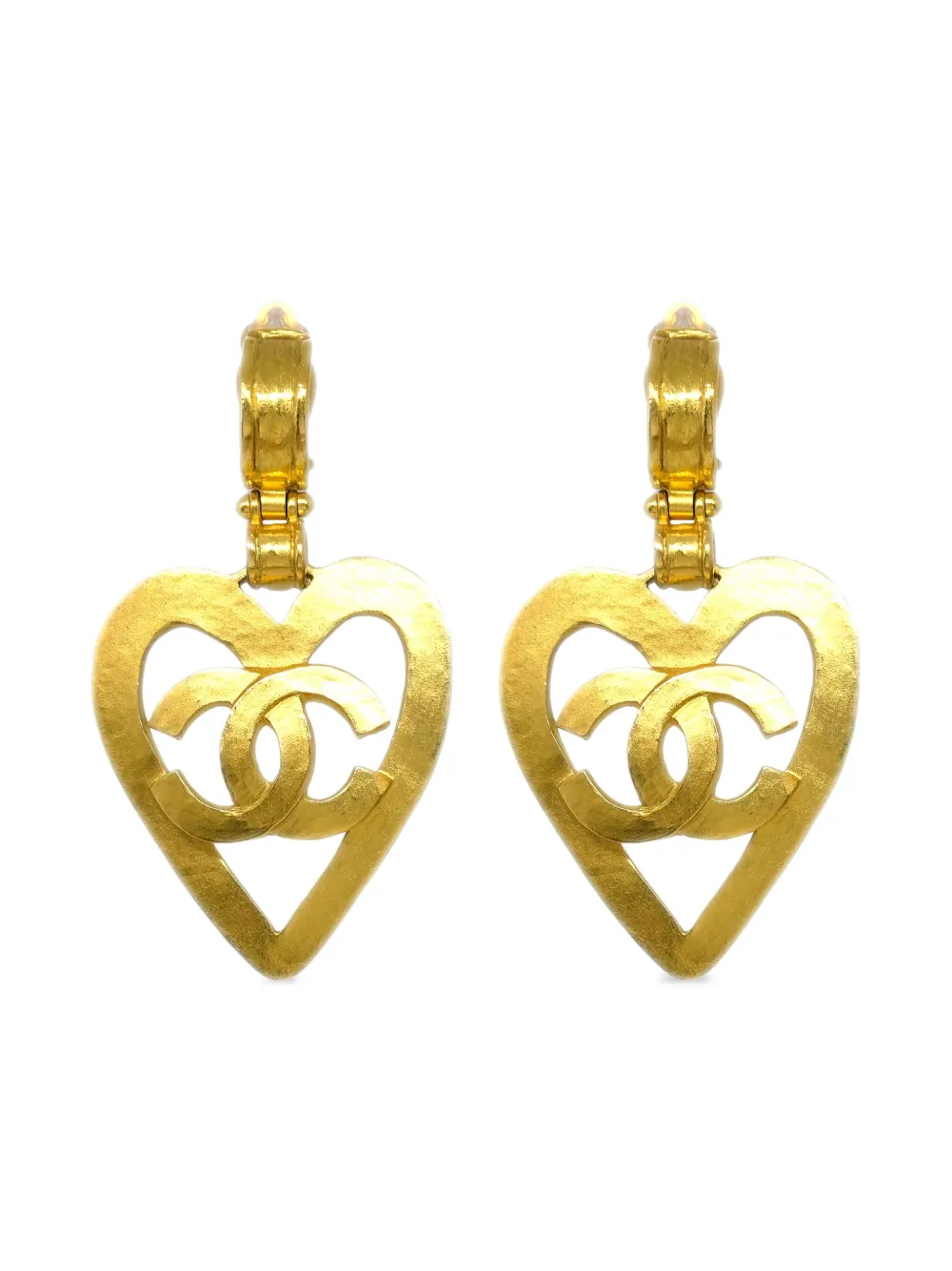 Pre-owned Chanel 1995 Heart Clip-on Drop Earrings In Gold