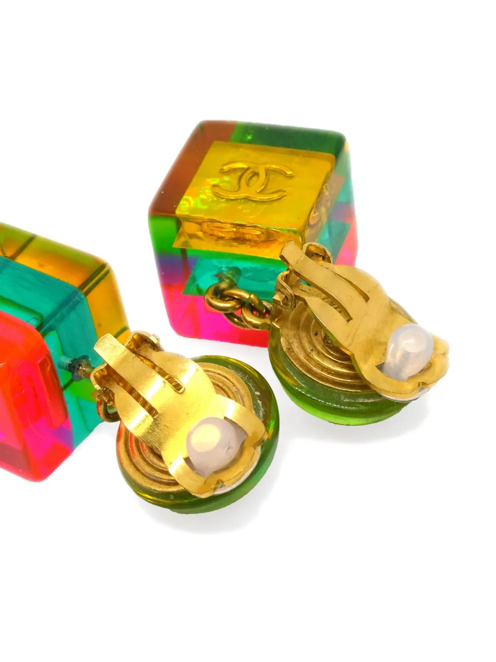 Pre-owned Chanel 1997 Cube Clip-on Earrings In Gold