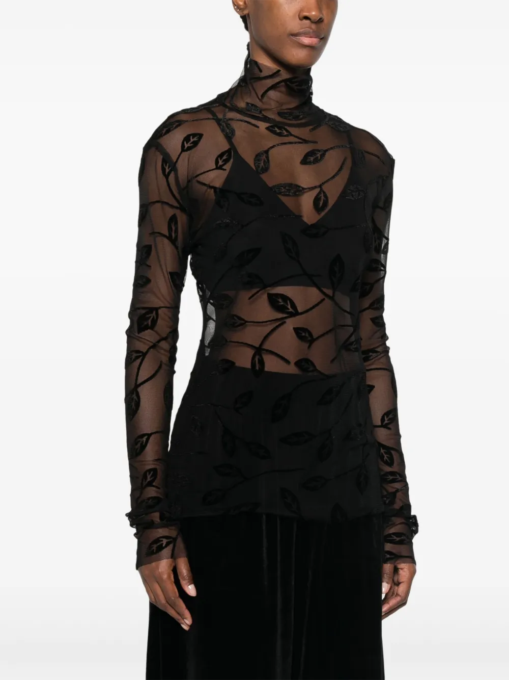 Norma Kamali Flocked-leaves Top In Black