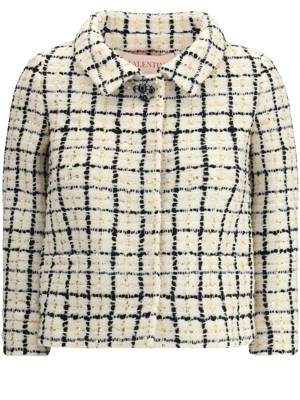 Valentino Check Three-quarter Sleeve Tweed Jacket In Neutrals