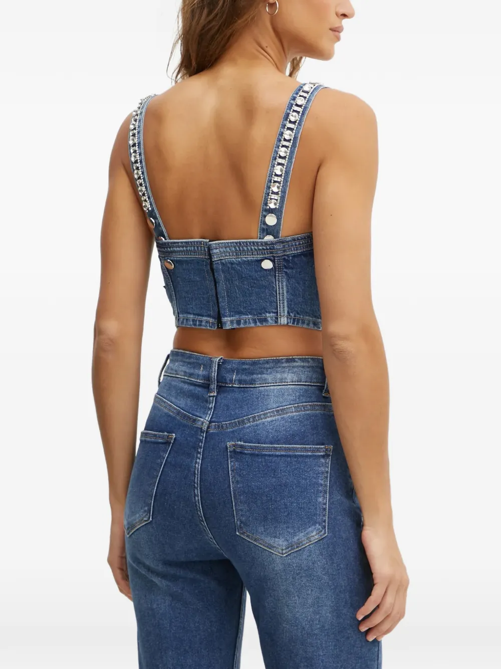  Guess Usa Embellishmed-strap Denim Top - Blue 