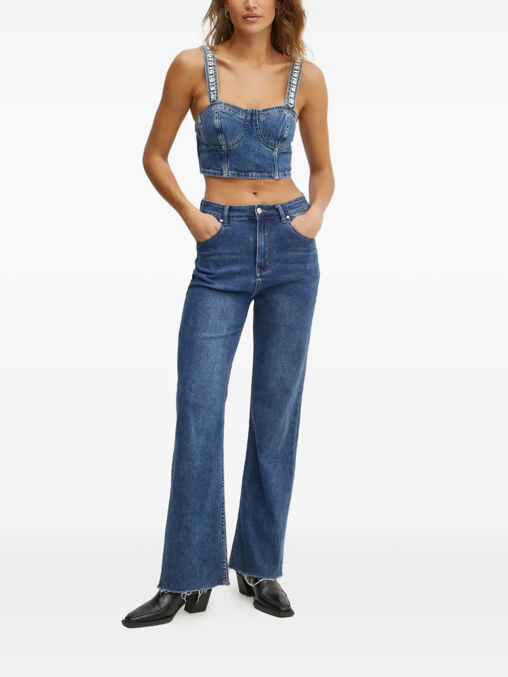  Guess Usa Embellishmed-strap Denim Top - Blue 