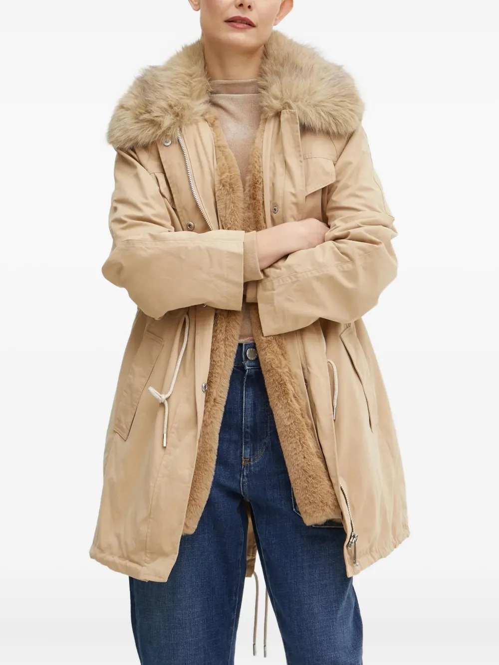 Guess Usa Faux-fur Collar Drawstring Jacket In Neutral
