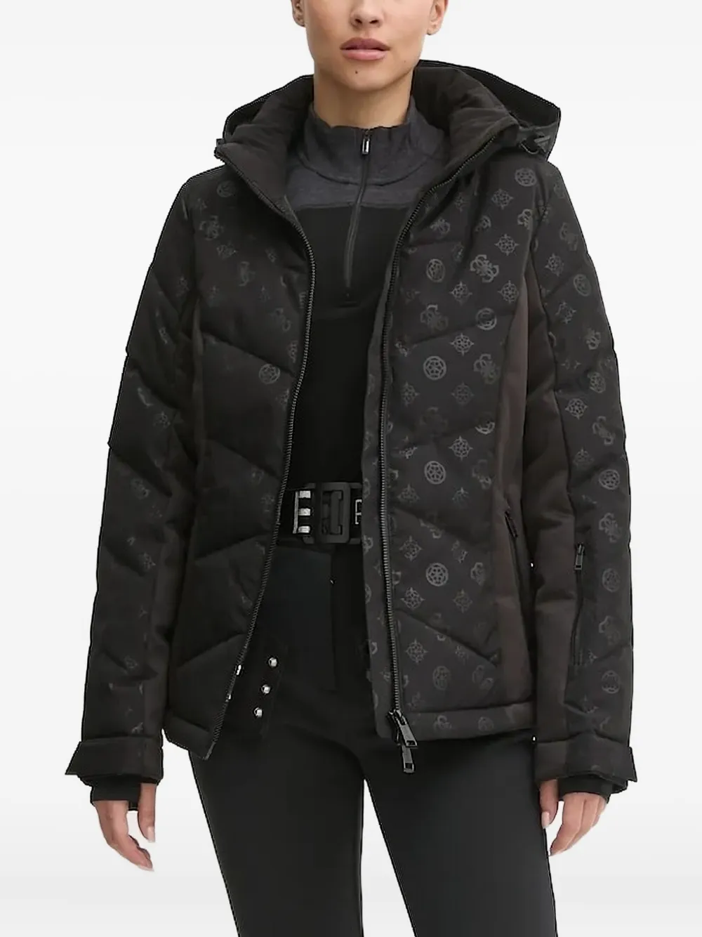 GUESS USA logo-print quilted ski jacket Zwart