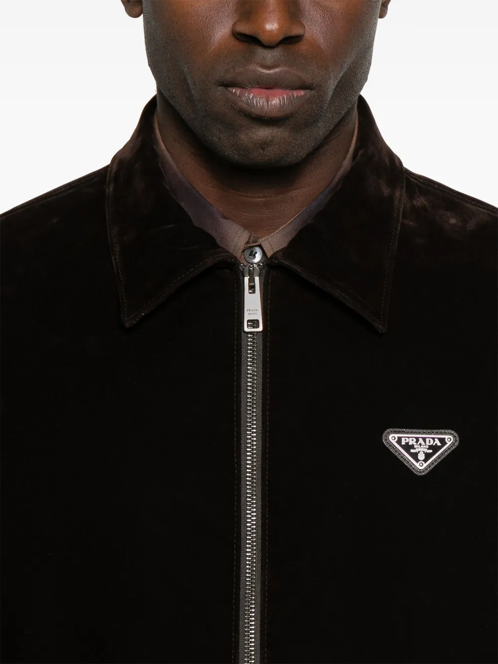 Shop Prada Velvet Shirt Jacket In Brown