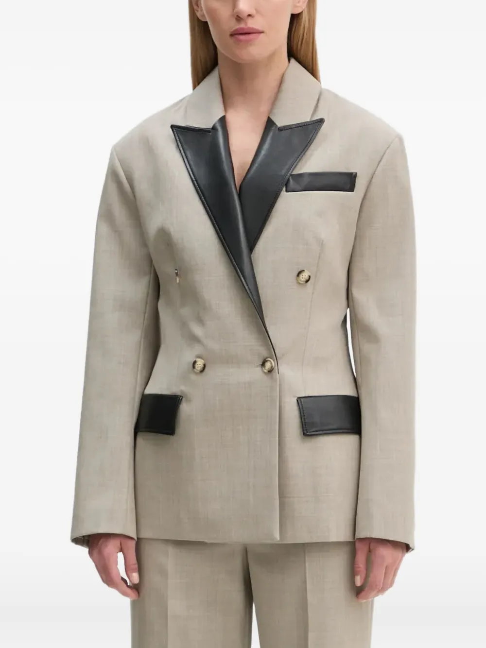 Nanushka Pacey leather-trimmed double-breasted blazer | Neutrals | Image 1