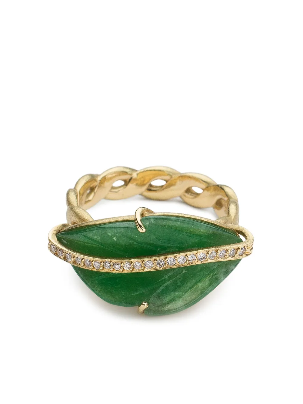 18kt yellow gold Leaf jade and diamond ring