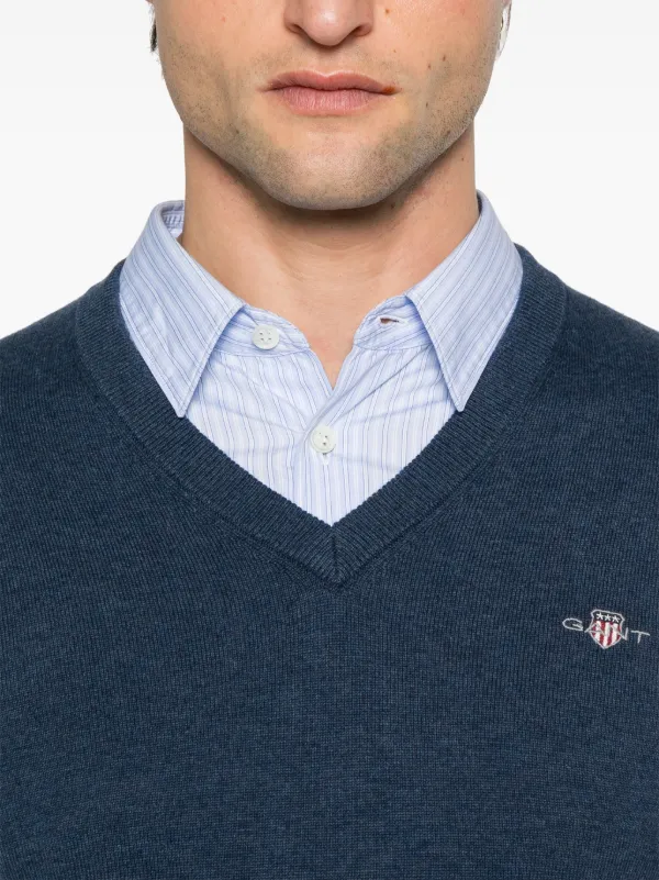 Gant Suéter De Algodão Com Gola V | Azul | FARFETCH BR