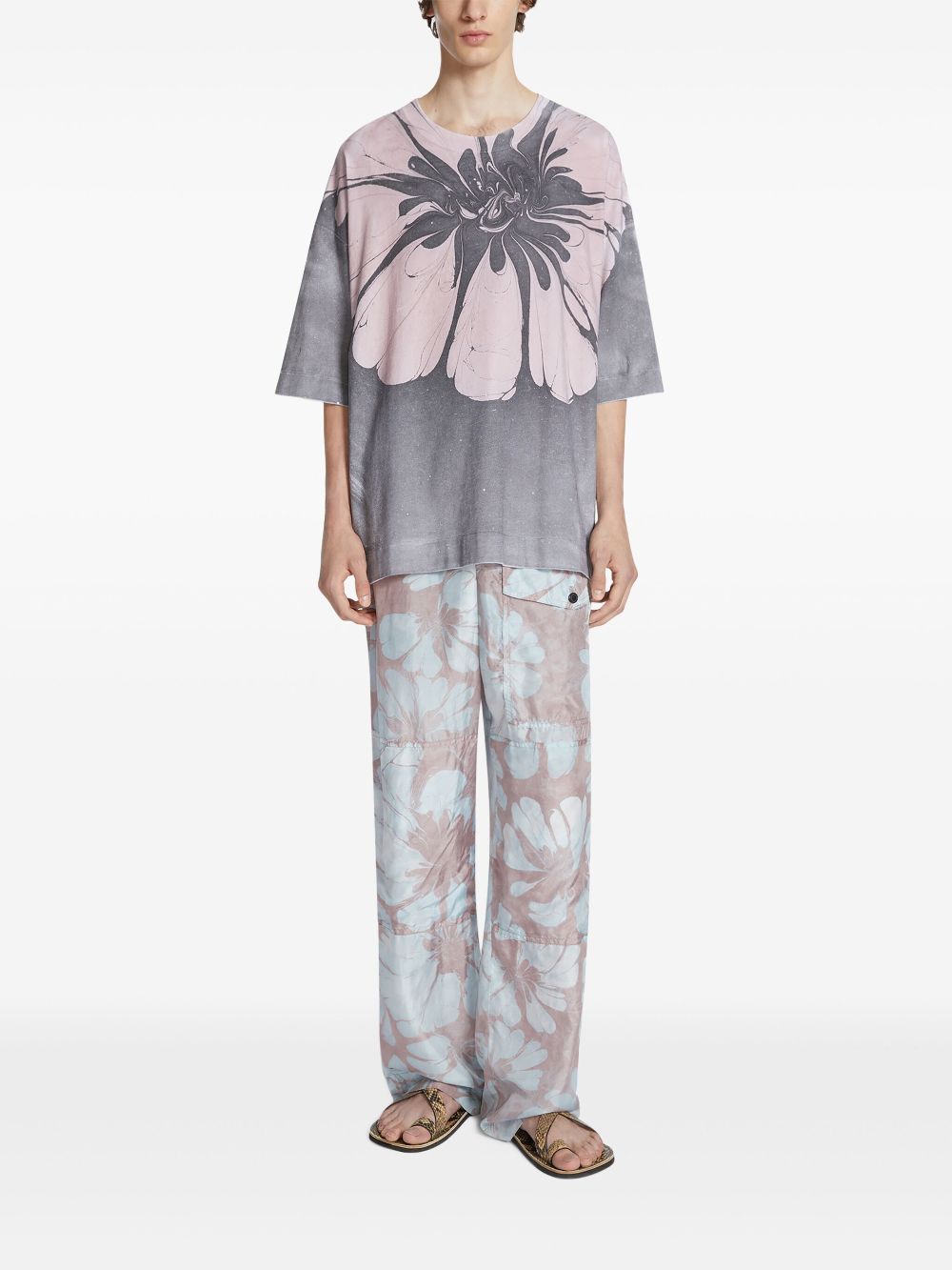 DRIES VAN NOTEN floral-print drawstring silk trousers - Blauw