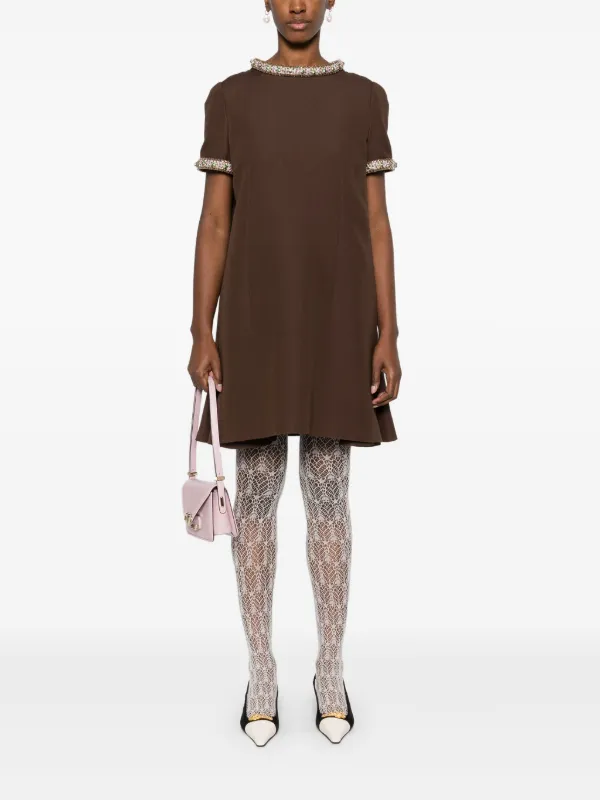 Valentino Garavani Embellished Wool And Silk-blend Mini Dress - Women - Brown Dresses - S