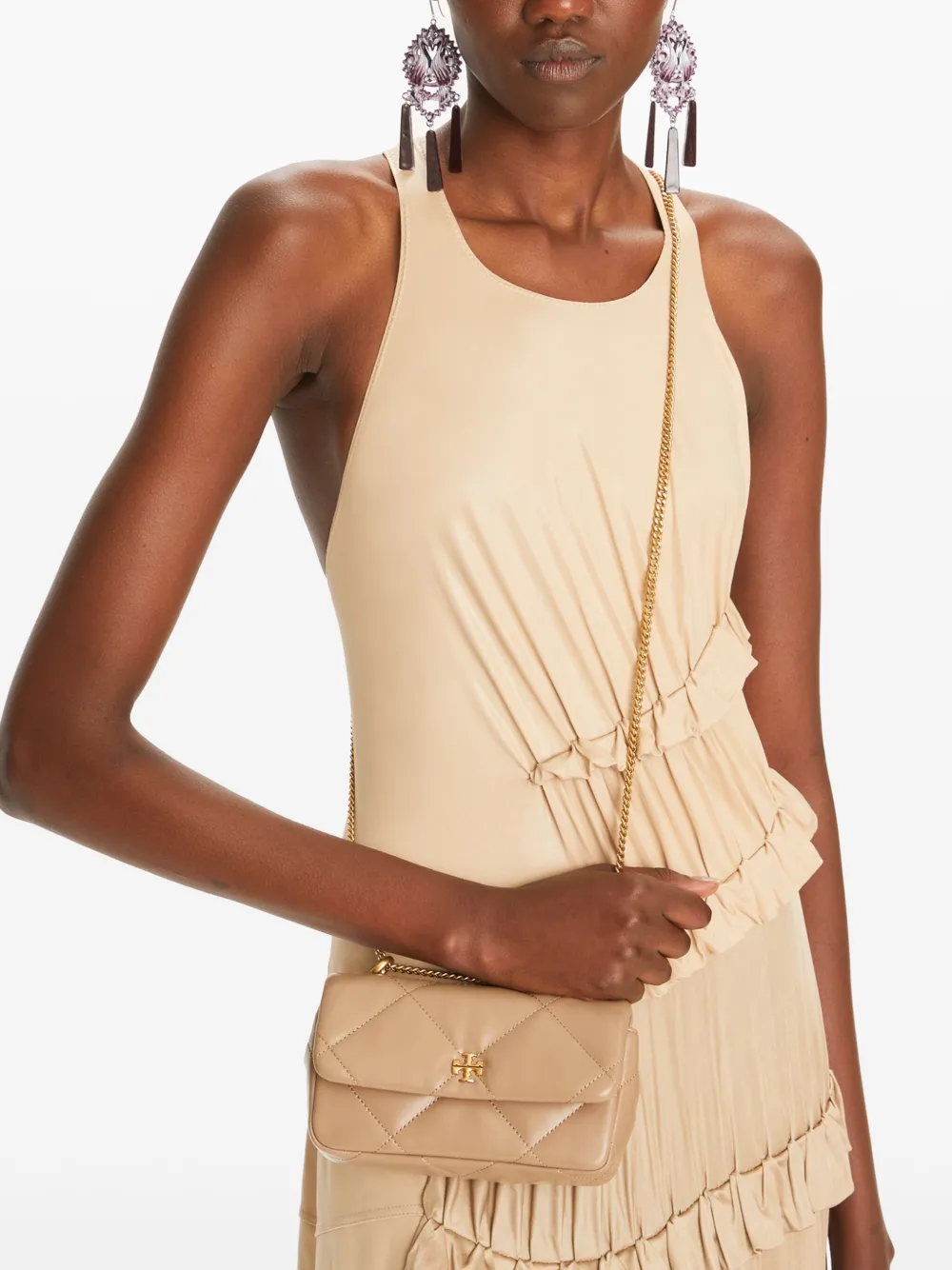 Tory Burch Mini Kira crossbodytas met chevron streep Beige