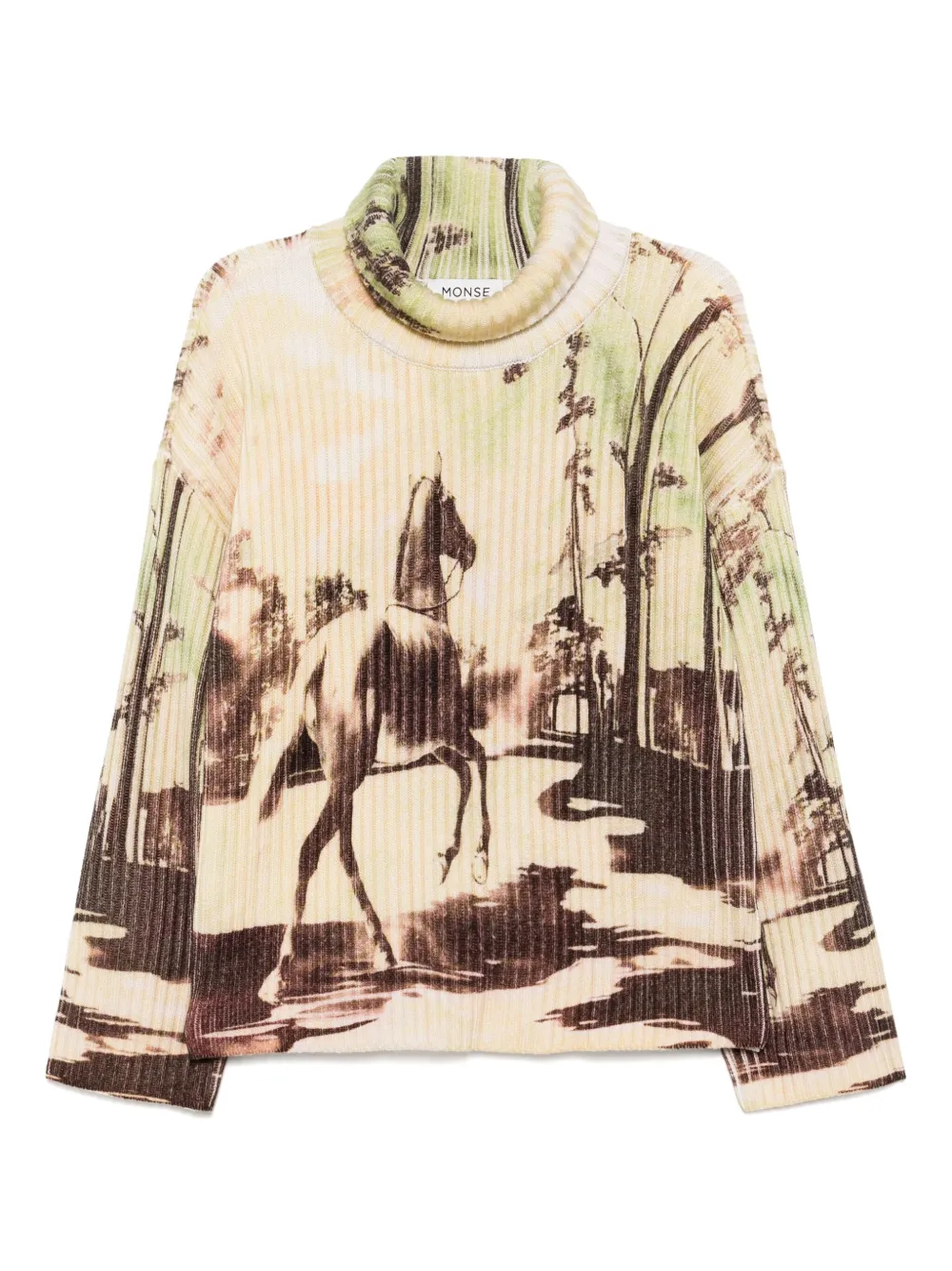 Monse Grofgeribbelde trui met paardenprint Groen