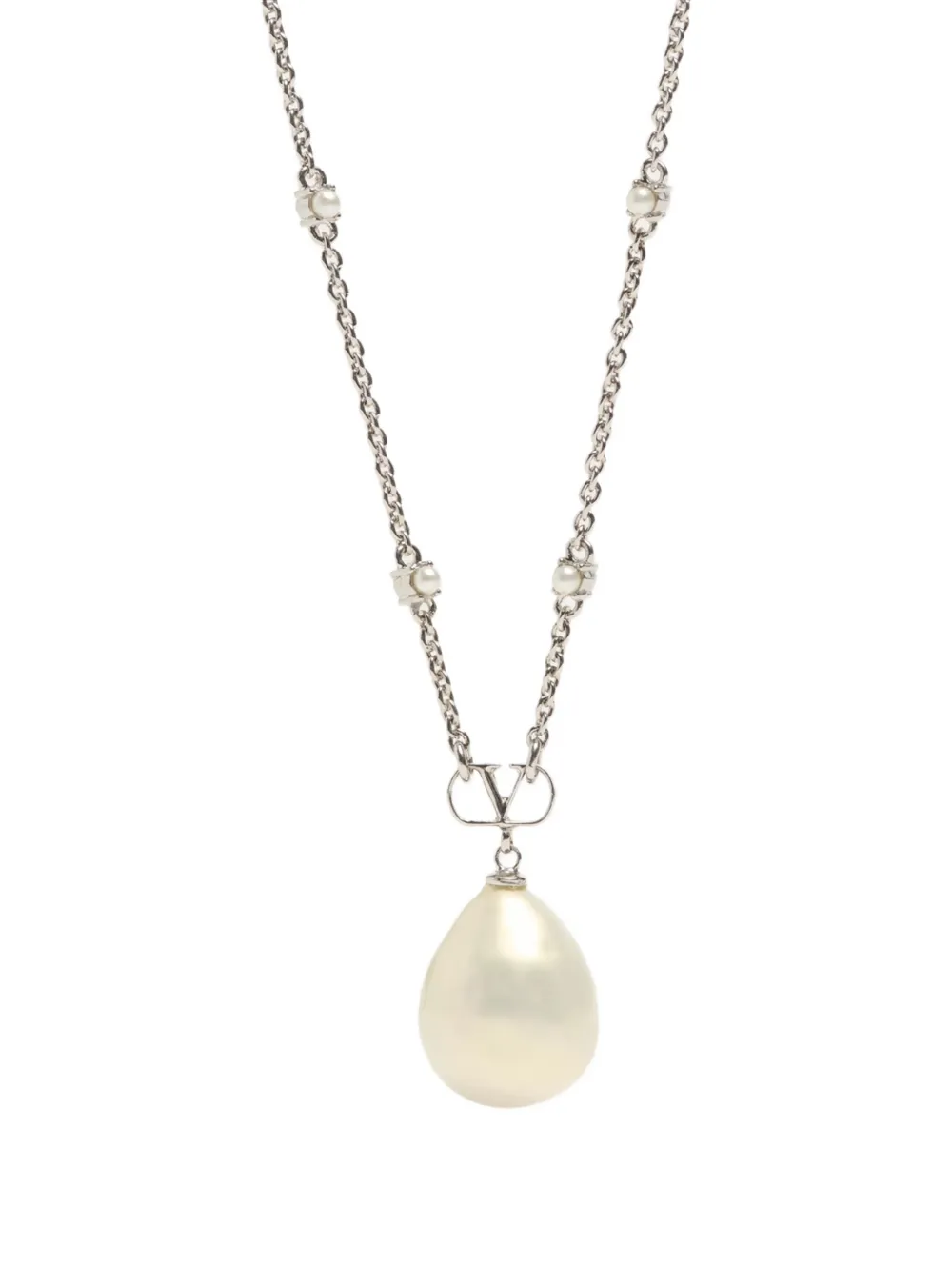 Valentino Garavani Vlogo Signature Metal, Pearl and Swarovski® Crystal Necklace in Silver, view 3