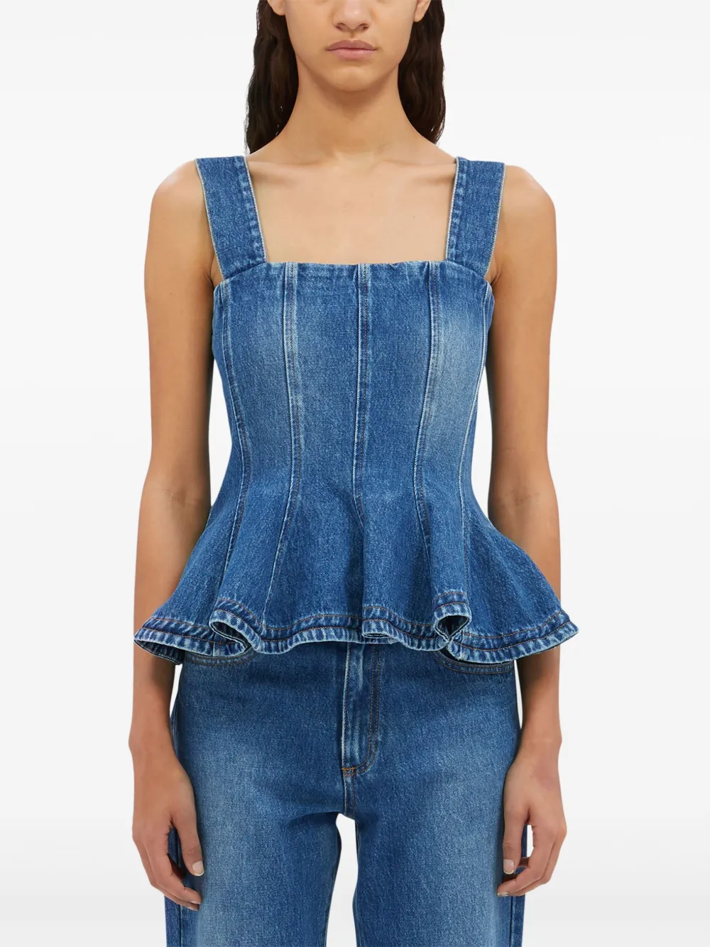 Msgm Denim Peplum Ruffle Sleeveless Square Wide Top In Blue