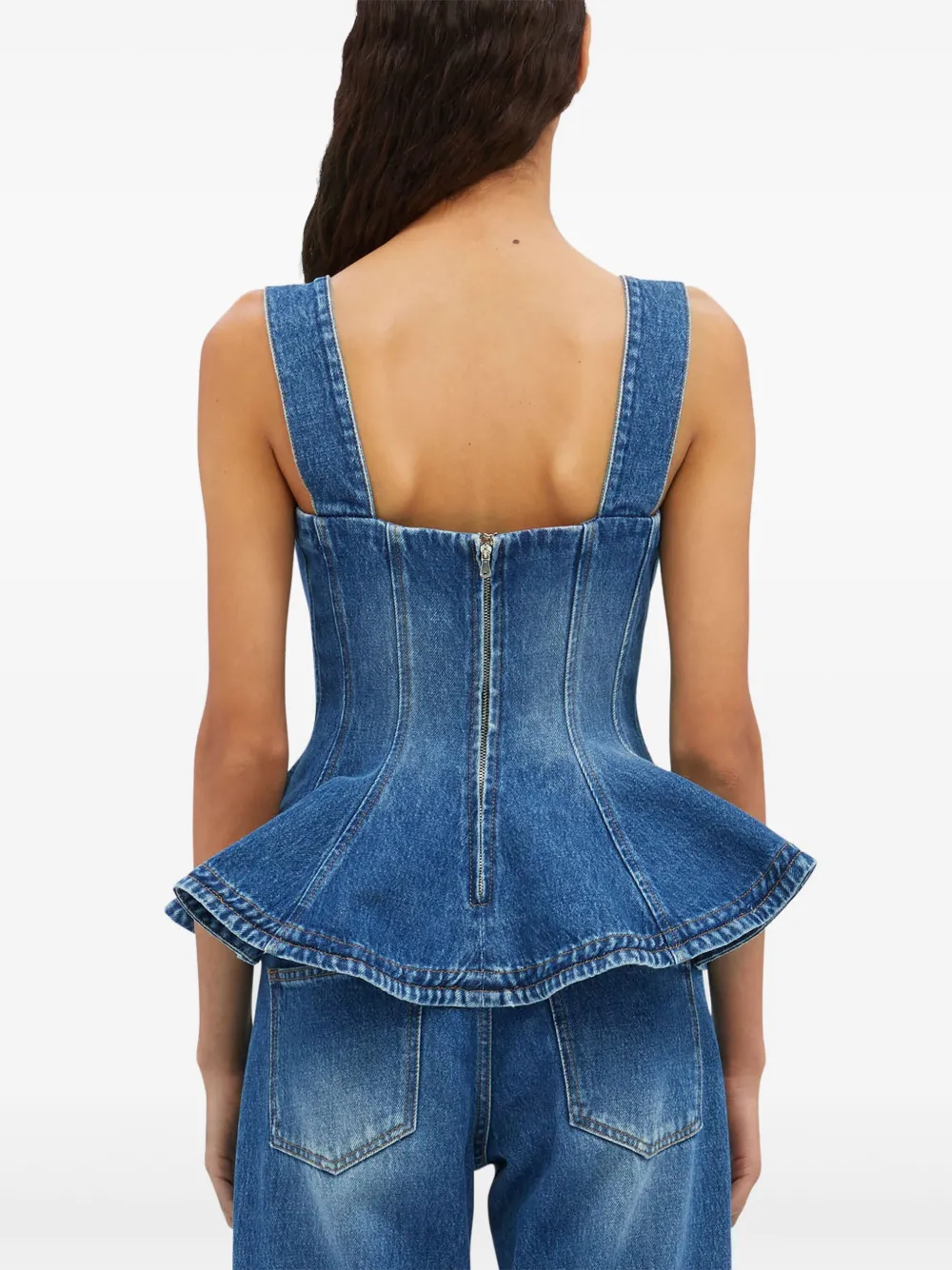 Msgm Denim Peplum Ruffle Sleeveless Square Wide Top In Blue