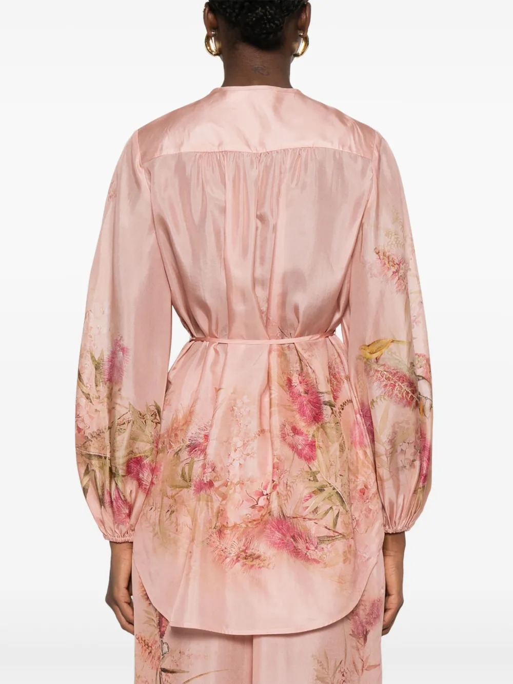 Zimmermann Printed Silk Top With Button And Tie In Pink
