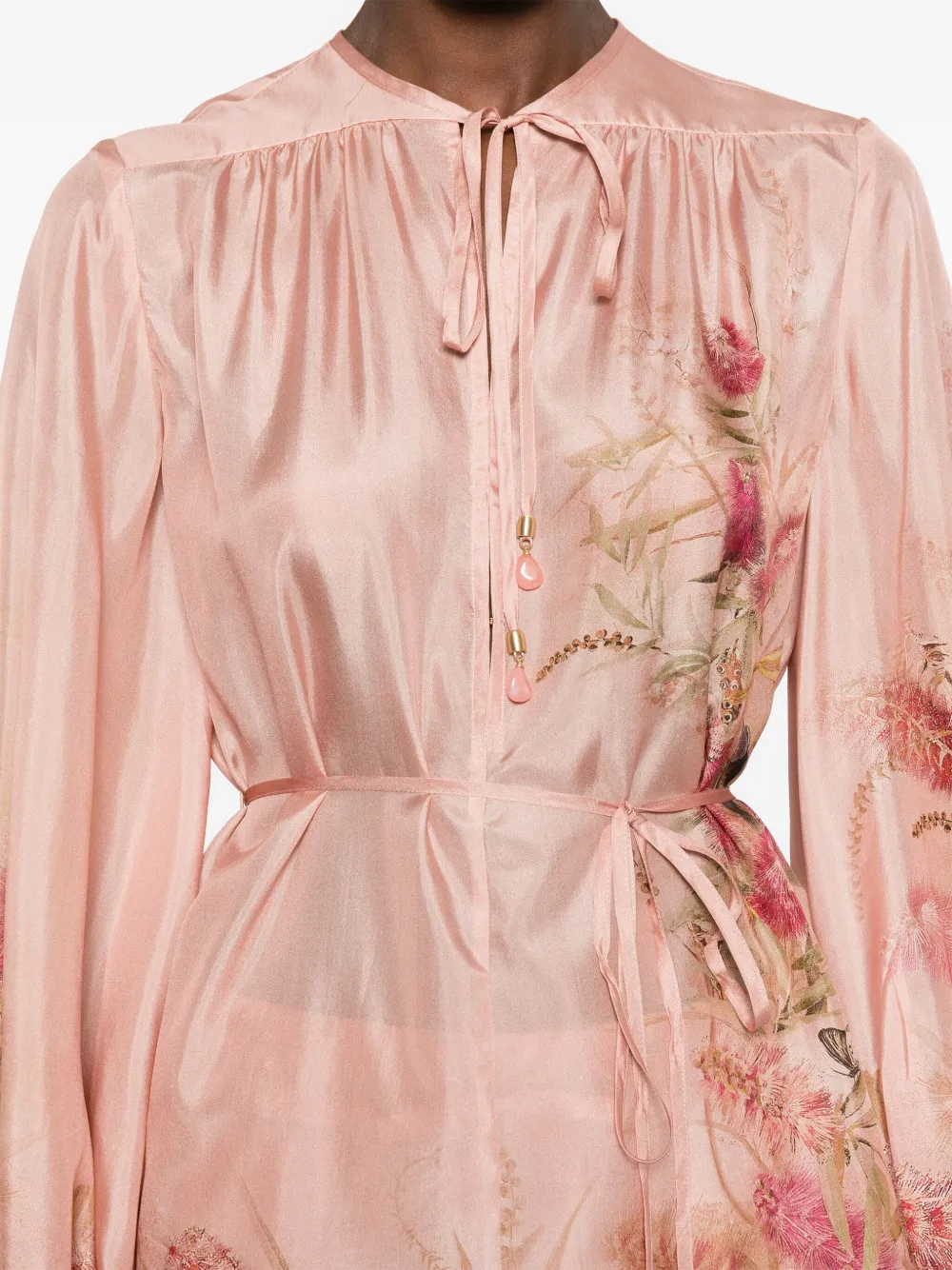 Zimmermann Printed Silk Top With Button And Tie In Pink
