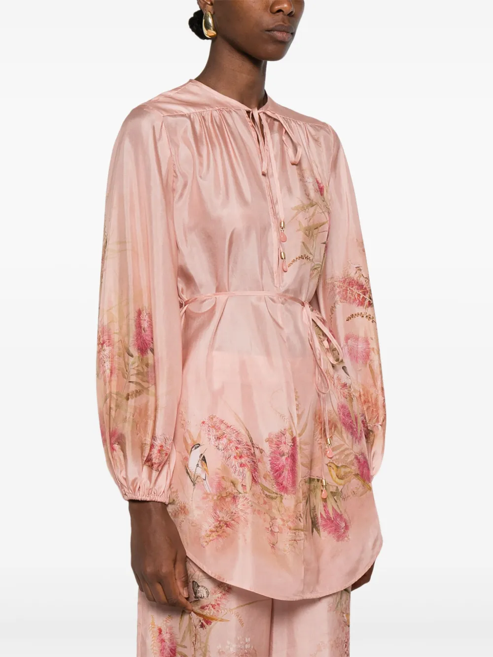 Zimmermann Printed Silk Top With Button And Tie In Pink
